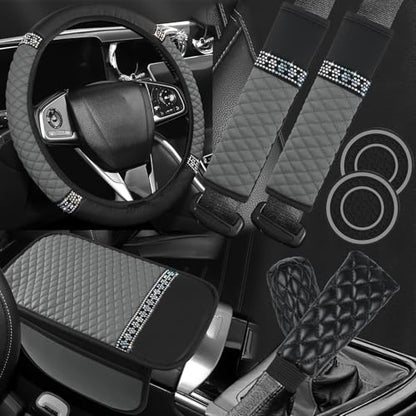 8PCS Car Accessories Set, Bling Leather Car Steering Wheel Cover with Armrest Pad, Seat Belt Cover Pads, Cup Holder Coasters, Gear Shift & Handbrake Covers, Auto Interior Accessories (Gray) - color: Gray