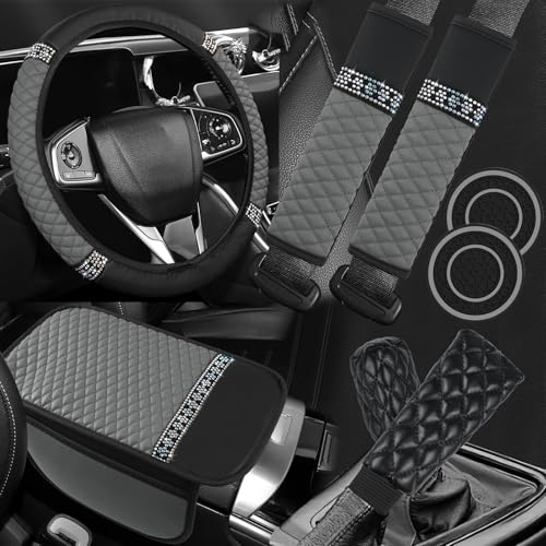 8PCS Car Accessories Set, Bling Leather Car Steering Wheel Cover with Armrest Pad, Seat Belt Cover Pads, Cup Holder Coasters, Gear Shift & Handbrake Covers, Auto Interior Accessories (Gray) - color: Gray