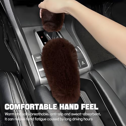 Hovom 2PCS Fluffy Car Gear Shift Knob Cover & Handbrake Cover, Soft Plush Hand Brake Handle & Gear Shift Cover for Women Girls, Universal Comfortable Warm Furry Car Accessories (Coffee) - color: Coffee