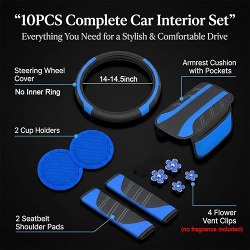 10PCS Car Interior Accessories Sets,Steering Wheel Cover, Seat Belt Cover Pads, Center Console Cover,Cup Holder Coasters,Air Vent Decorative Clip(Royal Blue) - color: Royal Blue