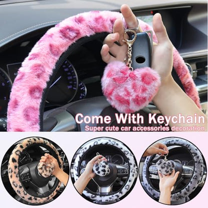 Leopard Steering Wheel Cover with Keychain, Elastic Fuzzy Fur Cheetah Car Steering Wheel Protector Women Girl Car Accessories Universal Fit 15 inch Fit Auto, Suvs, Truck- Pink