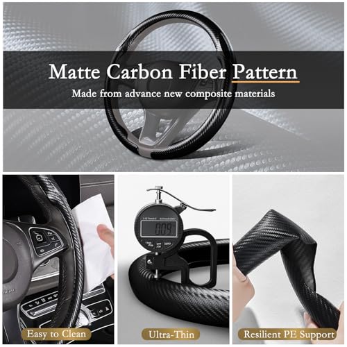 Aimato Car Steering Wheel Cover Carbon Fiber, Ultra-Thin Car Steering Wheel Cover,Comfortable & Breathable Microfiber,Universal Fit for Most Cars - color: Matte black