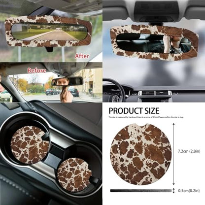 Wanyint Brown Beige Cow Print Car Seat Cover Set 14 PCS, with Steering Wheel Seat Belt Pad Garbage Bag Rearview Mirror Armrest Seat Box Handbrake Cover Set Car Coasters Fit SUV Sedan - color: Brown Beige Cow Print