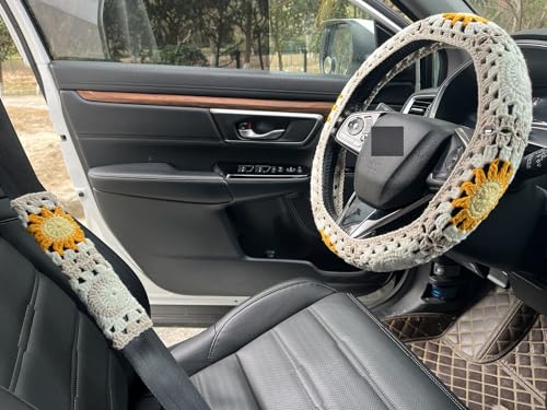 Handmade Crochet Sun Moon Car Steering Wheel Covers Universal 14-15 inch,Cute Steering Wheel Cover,Car Accessories (Steering Wheel Cover+2 Belt Cover) - color: Steering Wheel Cover+2 Belt Cover