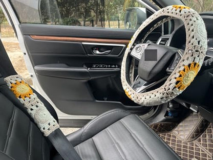 Handmade Crochet Sun Moon Car Steering Wheel Covers Universal 14-15 inch,Cute Steering Wheel Cover,Car Accessories (Steering Wheel Cover+2 Belt Cover) - color: Steering Wheel Cover+2 Belt Cover