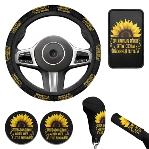 Sunflower Car Accessories 6 Pcs Sets Sunflower Car Steering Wheel Cover Set for Men Women Auto Interior Accessories Cup Holder Fit Vans Trucks,SUV - color: Sunflower yellow