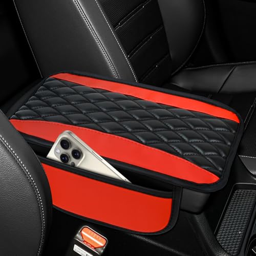 wuyaoyao Car Center Console Cover, 12.2"×7.5" Waterproof Leather Auto Armrest Cover Protector with Side Pockets, Stylish Comfortable Vehicle Arm Rest Box Cushion Pad, Car Accessories (Red) - color: Red