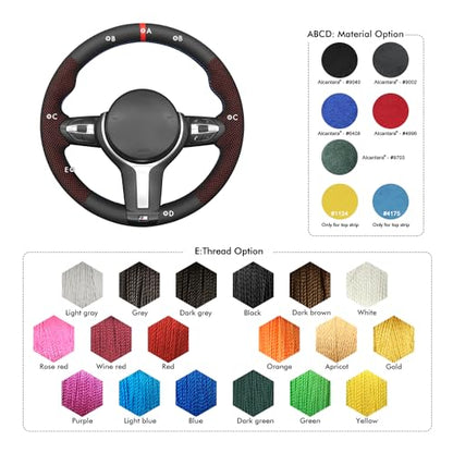 MEWANT Hand-Stitched Steering Wheel Cover for BMW (M Sport) F22 F23 F30 F34 F32 F33 F36 F10 F07 F12 F13 F06 F39 F25 F26 F15 F16, DIY Custom Fit Steering Wheel Wrap for BMW - color: 10:red mesh Athsuede&Black Real Leather