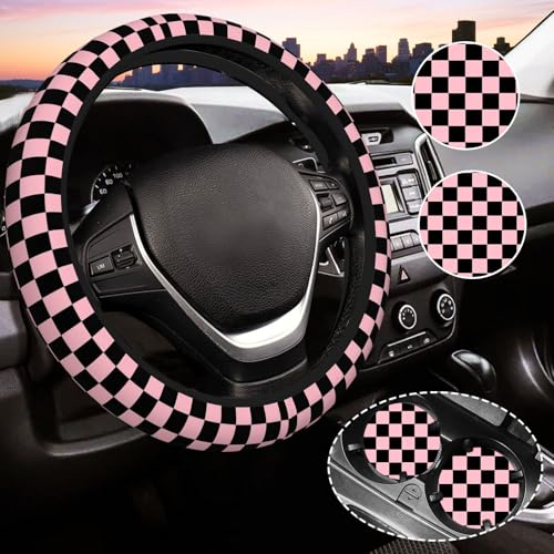 Pink and Black Checkered Steering Wheel Cover for Women, Universal Auto Steering Wheel 14-15 Inch Car Interior Accessories with 2PCS Car Coasters, Suitable for Men and Women - color: Pink red2