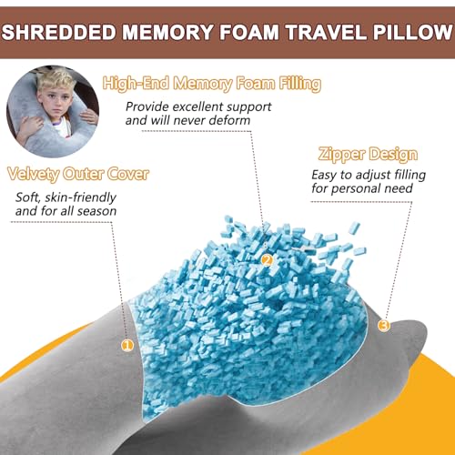 Car Pillow for Kids, Memory Foam Travel Pillow for Car and Adults, Kid Travel Pillow for Sleeping on Road Trip, Small Body Pillow for Kids (Grey)