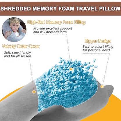 Car Pillow for Kids, Memory Foam Travel Pillow for Car and Adults, Kid Travel Pillow for Sleeping on Road Trip, Small Body Pillow for Kids (Grey)