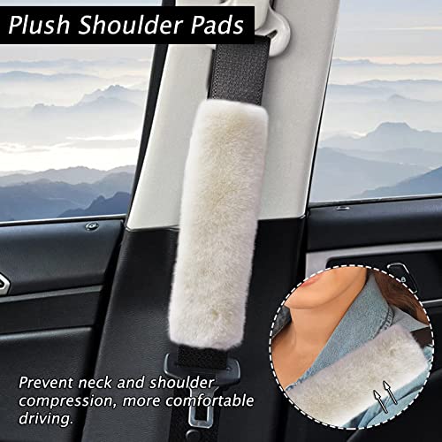9 Pack Cute Bear Fluffy Steering Wheel Cover with Furry Gear Cover,Handbrake Cover,Seat Belt Pad,Armrest Pad,Bling Car Coaster and Fur Key Chain for Women Girls (Beige) - color: Beige