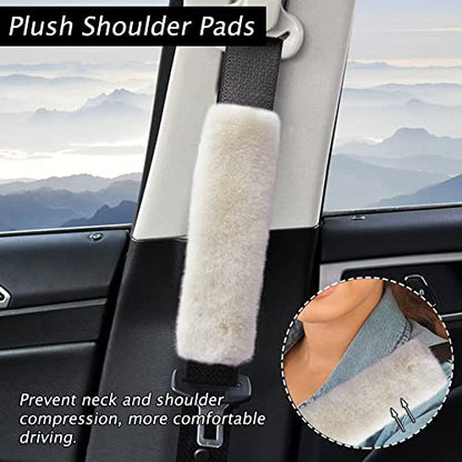 9 Pack Cute Bear Fluffy Steering Wheel Cover with Furry Gear Cover,Handbrake Cover,Seat Belt Pad,Armrest Pad,Bling Car Coaster and Fur Key Chain for Women Girls (Beige) - color: Beige