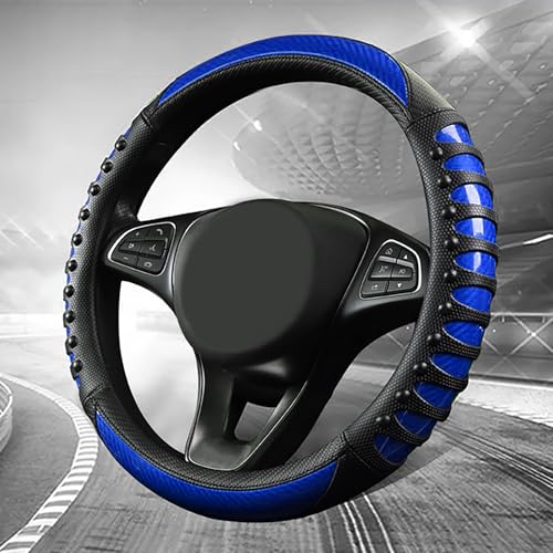 Car Leather Steering Wheel Cover - Carbon Fibre Material, Universal 14.5-15 Inch Leather Anti-Slip Breathable Auto Steering Wheel Covers for Men Women (3D Massage - Sports Blue) - color: 3D Massage - Sports Blue