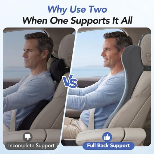 Lumbar Support Pillow for Car with Headrest, Memory Foam Cushion for Back & Neck Support, Muscle Fatigue Relief, Full-Length S-Curve Support for Long Drives, Fits Cars, SUVs, Trucks