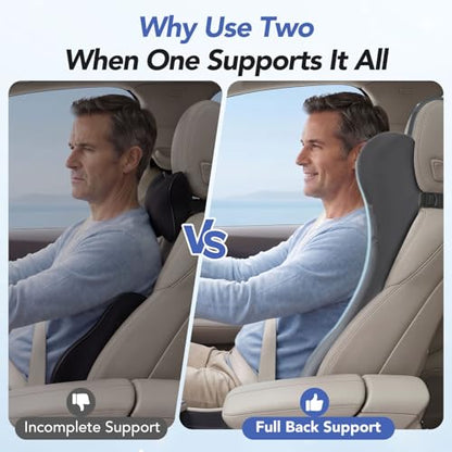 Lumbar Support Pillow for Car with Headrest, Memory Foam Cushion for Back & Neck Support, Muscle Fatigue Relief, Full-Length S-Curve Support for Long Drives, Fits Cars, SUVs, Trucks