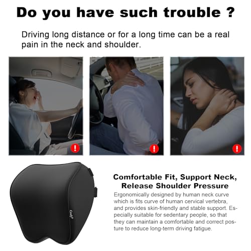 Crofy 2-Pack Car Neck Pillow, Softness Car Headrest Pillow for Driving with Adjustable Strap, 100% Memory Foam and Breathable Removable Cover, Comfortable Ergonomic Design, Black - color: Black