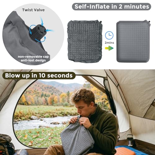 2-Pack Self-Inflating Seat Cushion, 16x13 inches Portable Foam Sit Pad with Adjustable Firmness for Airplane Travel, Long Flights, Stadium Bleachers, Hiking, Camping & Office Chairs - Gray