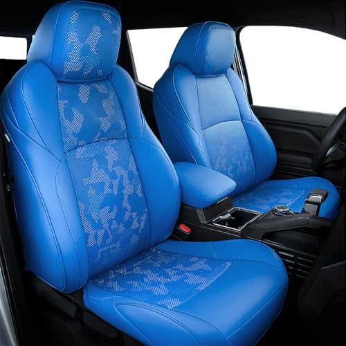 Carlimeki Leather Seat Covers Custom Fit for Tacoma Gen 4th (2024-2026) Double Cab, for SR, SR5, TRD PreRunner, TRD Sport, TRD Off-Road, Limited, Trailhunter - Armrest Covers Included - Fully Covered - color: 2024-2026 (Camouflage Blue) & Full Set, size: