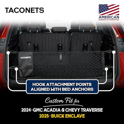TacoNets Envelope Cargo Net for Acadia/Traverse/Enclave - Fits 2024-Current - Upgraded 5mm Bungee - Integrated Storage Bag - Heavy Duty Hooks - Designed in USA - style: Chevy Traverse / GMC Acadia / Buick Enclave 2024+