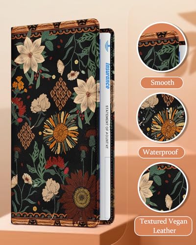 Slohif Car Registration and Insurance Holder - Boho Vehicle Glove Box Organizer Women with Magnetic Shut Leather Automobile License Holders Coasters Auto Accessories Case for Document - color: Art Flowers