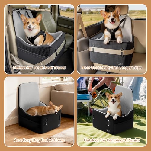 PETSFIT Dog Car Seat for Small/Medium Dogs Up to 35 lbs – Patented Safety System, 5" Memory Foam Pet Booster Car Seat, Fully Detachable and Washable Dog Carseat with 2 Storage Pockets (Black & Grey) - color: Black/Grey