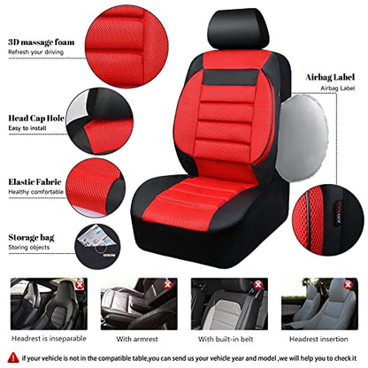 CAR PASS Leather 3D Foam Back Support Car Seat Covers Full Set Air Mesh Automotive Seat Covers, All Season Car Seat Cover Fit Automotive,SUV,Sedan,Van, Airbag Compatible Elegance (Black and Red) - color: Black and Red