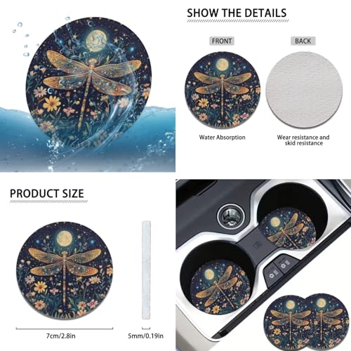 Dragonfly Print Car Steering Wheel Cover Sets for Women Moon Flower Auto Interior Accessories Cup Holder Armrest Pad Seatbelt Cushion Fit Vans Trucks,SUV - color: Dragonfly print