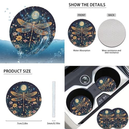 Dragonfly Print Car Steering Wheel Cover Sets for Women Moon Flower Auto Interior Accessories Cup Holder Armrest Pad Seatbelt Cushion Fit Vans Trucks,SUV - color: Dragonfly print