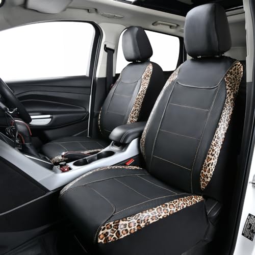 Flying Banner car seat Covers Faux Leather Waterproof Easy Clean Easy Installation (Leopard Brown Black, 2 Fronts)