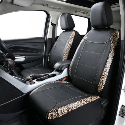 Flying Banner car seat Covers Faux Leather Waterproof Easy Clean Easy Installation (Leopard Brown Black, 2 Fronts) - color: Leopard Brown Black