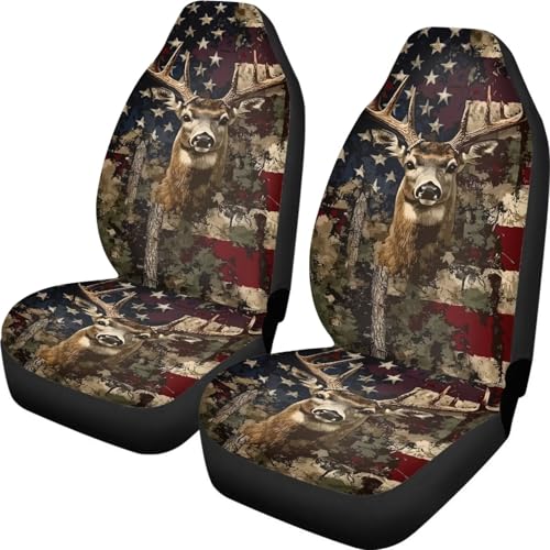 Car Front Seat Cover for Men 2 Pieces Set American Flag Deer Design Print Highly Elastic Automotive Seat Cover Anti Slip Towel Blanket for Trucks Sedans Van Skin-Friendly Soft - color: American Flag Deer Design Print