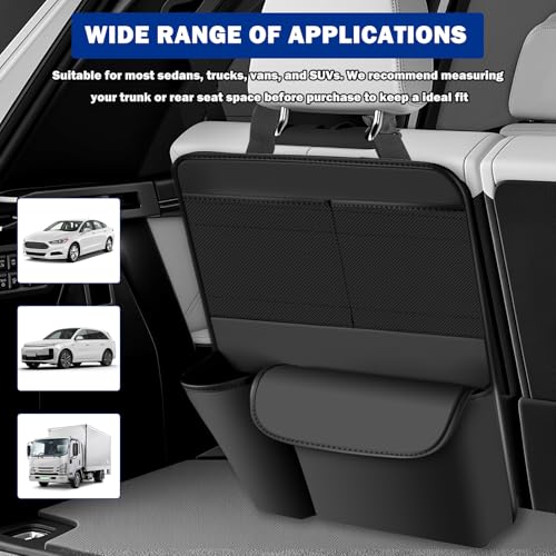 Leather Car Trunk Organizer,Large Capacity Backseat Car Organizer with 2 Mesh Pockets & Cup Holder,Detachable Hanging Cars Organizers and Storage for Family Road Trips