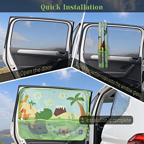 Car Window Shade for Baby, 2 Pack Car Sun Shades with Storage Pockets Car Window Curtain 7 Suction Cups Dinosaurs Pattern for Sun/Heat/UV Rays Protection - color: Green-2pcs