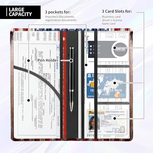 Leather Car Registration and Insurance Card Holder, Cute Car Accessories Vehicle Glove Box Car Organizer for Documents, Cards, License American Flag - color: American Flag