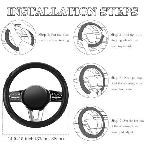 Black Film Splicing Leather Steering Wheel Cover, Microfiber Leather, Anti-Slip, Breathable, Universal Fit for 14.5–15 in Steering Wheel Cover for Men Women - color: Film-Grained - Black