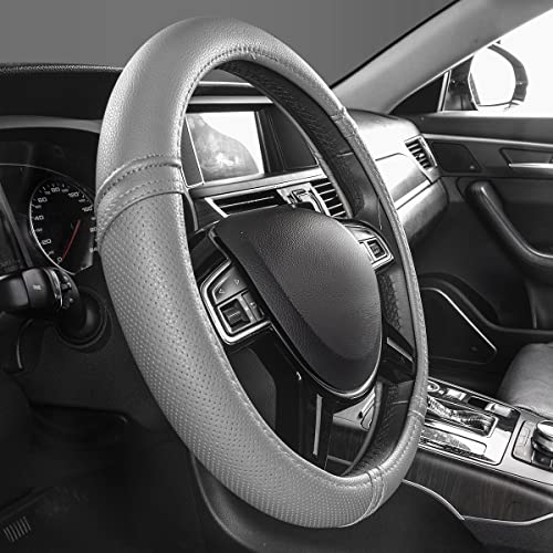 Car Pass Classical Leather Automotive Universal Steering Wheel Covers,Universal Fit for Suvs,Trucks,Sedans,Cars,Vans,14.5-15inch Anti-Slip Safety Comfortable Desgin(Gray)