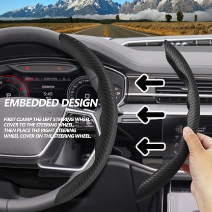 2pcs Universal Fit Carbon Fiber Steering Wheel Cover, Anti-Skid Steering Wheel Cover/Segmented Steering Wheel Protector/Car Interior Accessories (Black) - color: black