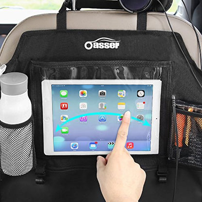 Oasser Seat Back Protector Kick Mats 12.9" I pad Holder 2 Pack XL with 1 Tissue Box Car Seat Organizer Back of Seat Protector Clear 2 Large Car Organizers and Storage