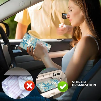 Leather Car Registration and Insurance Card Holder, Cute Car Accessories Vehicle Glove Box Car Organizer for Documents, Cards, License Cute Blue Beach Starfish - color: Cute Blue Beach Starfish