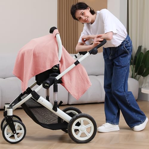 100% Muslin Cotton Car Seat Cover Baby, Carseat Canopy Cover, Universal Fit Stroller Covers for Boys and Girls (Pink) - color: pink