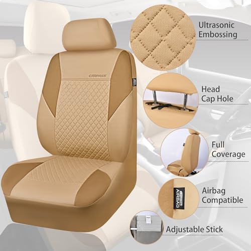 CAR PASS Ultrasonic Embossing Cloth Universal Seat Covers,Cute Breathable Car Seat Cover with 5mm Composite Sponge Inside,Airbag Compatible,2zipper Bench for Sedan,SUV,Truck(Beige,Full Set) - color: Beige