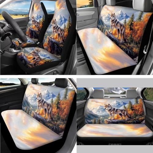 Wolf Printed 15 Pcs Car Interior Covers Set, Protective Car Seat Cover Set Front Rear Seat Covers Steering Wheel Cover Car Headrest Cover Seat Belt Covers Car Coaster - color: Brown-Wolf