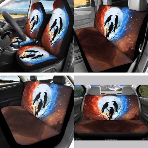 Crow Printed 15 Pcs Car Seat Cover Set, Stretchy Auto Interior Covers Set Front Rear Seat Covers Steering Wheel Protector Seat Belt Pads Lipstick Holder Keychian - color: Brown and Blue-Crow