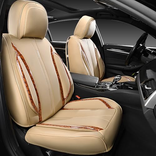 CAR PASS Beige Leather Car Seat Covers, Breathable Waterproof Nappa Automotive Seat Covers Full Set, Anti-Slip Driver Seat Cushion with Backrest Universal Fits SUV Pick-up Truck Sedan, Wood Grain - color: Beige Wood Grain, size: Full Set