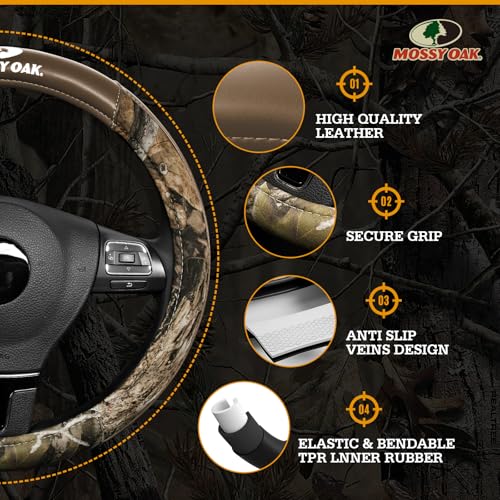 Mossy Oak Camo Steering Wheel Cover, Durable Grip Car Steering Cover, Universal Fit 14.5"–15.5" - Made with Premium Beige PVC Leather and Cotton Fabric, Anti-Slip - Official Licensed Product - color: Beige