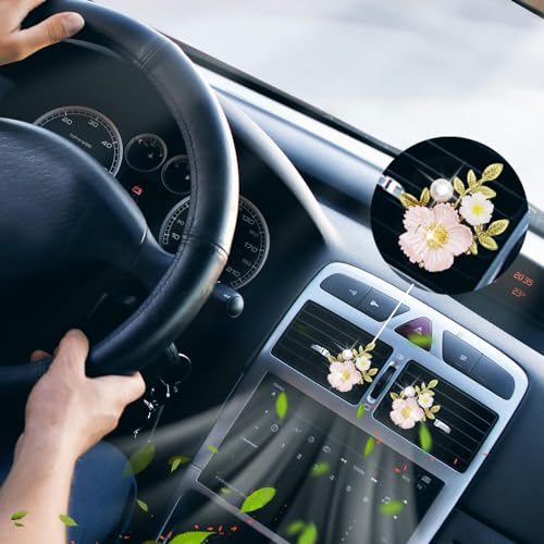 ORIESSE Flower Car Vent Clips 2pcs Pink Daisy Bouquets Flowers Air Freshener Girly Car Decorations Interior Aesthetics for Women Refillable Car Diffuser