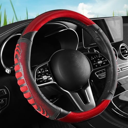 5D Honeycomb Black Red Car Steering Wheel Cover,14.5-15 Inch Universal Carbon Fibre Leather Covers Breathable Anti-Slip Odorless Steering Wheels Accessories for Men Women - color: 5D Honeycomb - Black Red