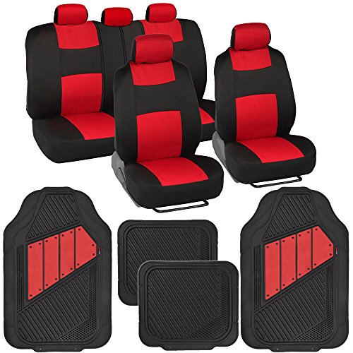 BDK PolyPro Black & Red Car Seat Covers Full Set with Motor-Trend FlexTough All Weather Rubber Car Floor Mats - Front & Rear Split Bench Seat Covers for Cars & Matching Floor Mats for Car Interior - color: Black & Red