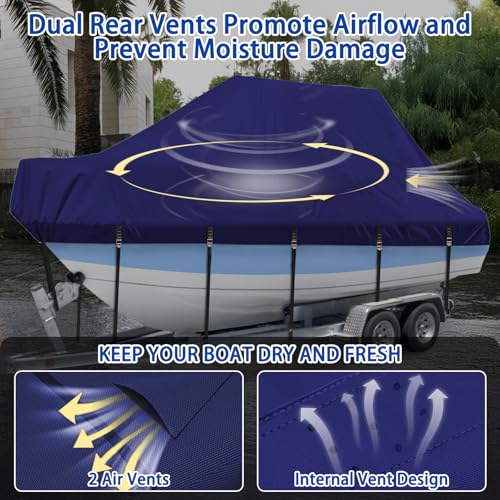 Marine Grade Waterproof Center Console Boat Cover with T Top Roof, Tear Resistant Trailerable Storage Covers, All-Weather Protection T-Top Boat Cover 18-20 ft, Beam Width Up to 106", Navy - color: Navy, size: 18'-20' Long (Beam Width Up to 102")